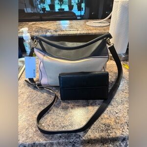 New w/tags JUSTFAB Black,tan & pink shoulder/crossbody bag w/Vera Pelle wallet